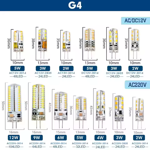 10 Uds. Lámpara LED G4 AC/DC 12V 220V Lampada LED G4 2W 3W 4W 5W 6W 9W 12W bombilla 360 ángulo de haz reemplazar lámpara halógena
