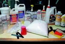 Resins and hardeners ready for testing.