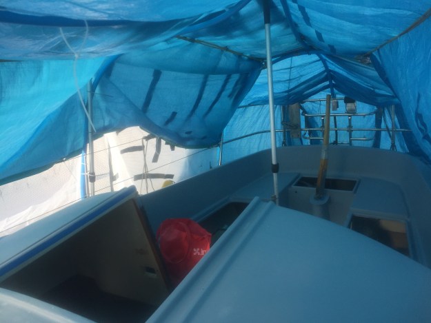 Propped up with boat hooks