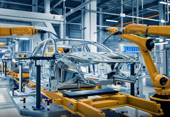 A car being built on a manufacturing line