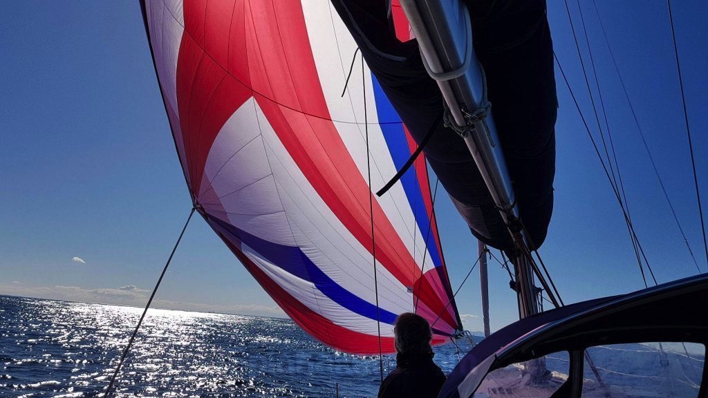 Jeanneau Sun Odyssey 49 with tricolor asymmetrical spinnaker