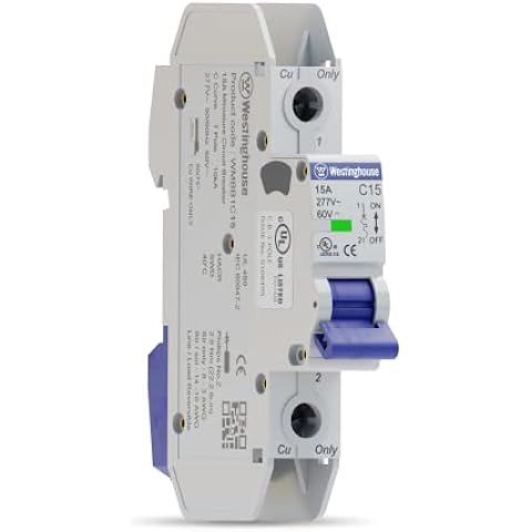 Westinghouse UL 489 AC Miniature Circuit Breaker, 15 Amp, Single Pole, C Curve, 10kA, 277V AC, 60V DC, Non-Polarized, UL Listed, DIN Rail Breaker with Thermal Magnetic Trip