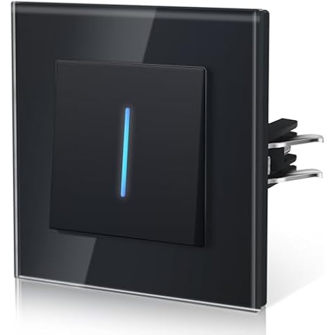 BSEED Glass Light Switch, Flush-Mounted Switch with Claws, Toggle Switch with Backlight, Easy to Install, E-series, Single 1-Way, 86 mm, Black