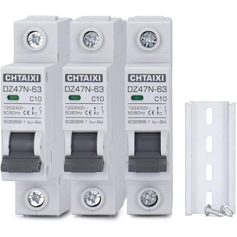 3 Pack 1 Pole Miniature Circuit Breaker, 10 Amp 120V/240V AC DIN Rail Mount Circuit...