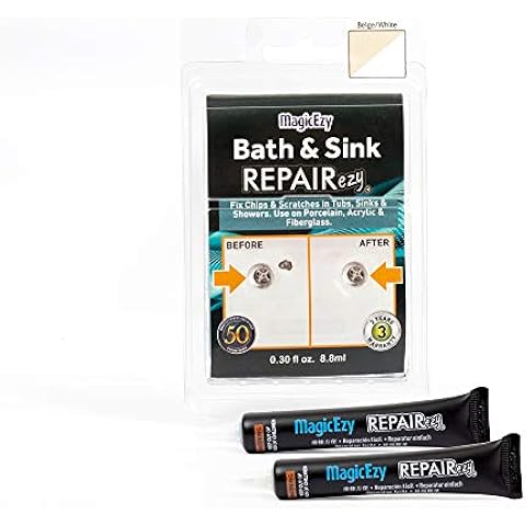 MagicEzy Reparaturset für Badewanne und Waschbecken, Porzellan, Acrylwanne, Emaille-Waschbecken und Fiberglas-Badewannen-Reparatur-Set – Duschboden-Nachbearbeitung – Reparatur-Set mit abgeplatzten Wannen (Beige und Weiß)