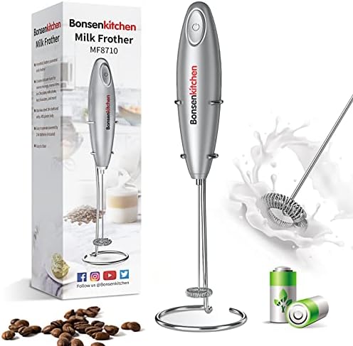 Bonsenkitchen Montalatte Elettrico, Schiumatore Con Testina del Frullino a Doppia/Singola Molla, Schiumalatte Elettrico in Acciaio INOX per il Latte/Caffè/Cappuccino, Batteria e Supporto Inclusi