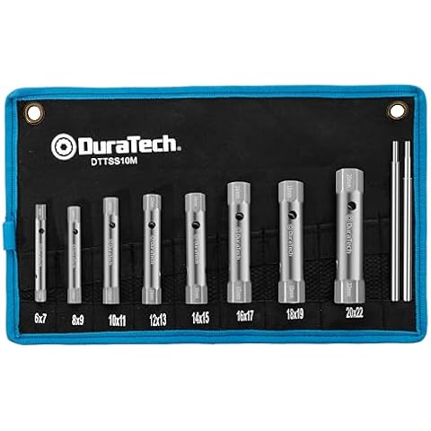 DURATECH 10-Piece Tubular Box Spanner Set with 2 Tommy Bars, Metric, 6-22mm, Back Nut Tap Spanner Set for Plumbing, Installations, and Vehicle Repairs