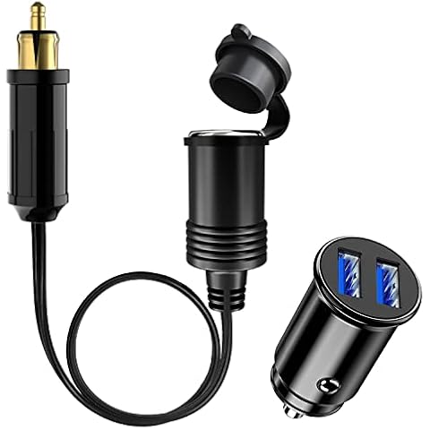 Hoembpn 30cm Male Din Plug Cigarette Lighter Adapter Socket Waterproof,12V/24V Mini Dual USB Car Charger Socket, DIN Plug to Cigarette Lighter Female Extension Cable for Motorcycles