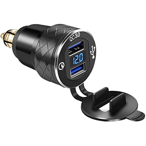 Aluminum Alloy Quick Charge 3.0 Dual Motorcycle USB Charger for BMW Motorcycle Charger for Triumph Tiger Ducati Cigarette Lighter Voltmeter QC3.0 DIN Socket to USB Adapter (black)