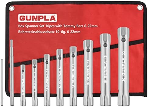 Gunpla 10 Pieces Box Spanners Set with 2 Tommy Bars, Multi Size Tap Monoblock Professional Tubular Spanner Kit Metric 6x7mm – 20x22mm Heavy Duty Double Ended Box Wrenches Plumber Tools for Water Taps