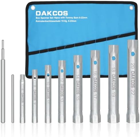 DAKCOS 10PCS Box Spanner Set with Tommy Bar, 6-22mm Metric Tap Spanner Set, Tubular Box Spanner