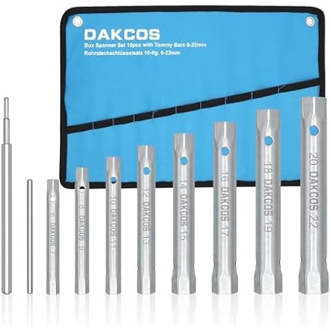 DAKCOS 10PCS Box Spanner Set with Tommy Bar, 6-22mm Metric Tap Spanner Set, Tubular Box Spanner