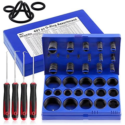 Glarks 411Pcs 32 Sizes SAE Universal O-Ring Assortment Kit Including 407Pcs Nitrile Rubber NBR O-Ring and 4Pcs Pick and Hooks for Plumbing Repair, Air or Gas Sealing Connections