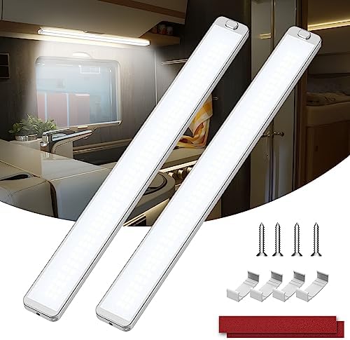Kriogor 12V Interior LED Lights, Upgraded 228 LED Universal Strip Light with ON/Off Switch, 42CM 6000K White Lamp for Caravan Motorhome Bus Van Car Camper RV Kitchen Bathroom Cabinet Wardrobe (2 Pack)