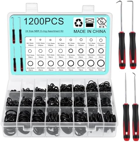 WiMas 1200PCS Rubber O-Ring Sealing Gasket, 24 Sizes Washer Seals Assortment Kit, O-Rings Grommet Black Assorted Nitrile O-Rings Grommet with 4 Pick and Hook for Plumbing Automotive Faucet Repair
