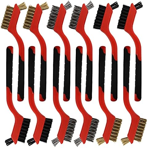 ZEAYEA 12 Pcs Wire Brush Set, 7 Inch Nylon/ Brass/ Stainless Steel Bristles with Curved Handle and Extra Cluster of Bristles for Rust, Dirt, Paint Scrubbing with Deep Cleaning