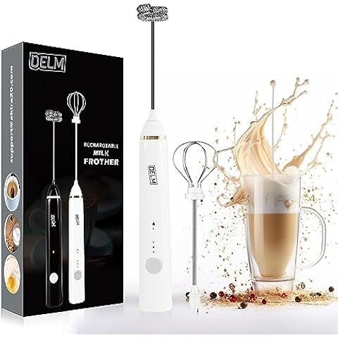 DELM Montalatte Ricaricabile Portatile Schiuma Maker con Frusta In Acciaio Inox per Cappuccino, Latte, Caffè, Dieta Keto, Proteine ​​in Polvere, Matcha. bianco