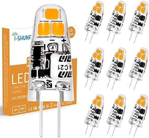 I-SHUNFA 12V G4 LED Bulb,1.2W AC/DC 120LM Warm White 3000K Equivalent to 15W/20W Halogen Lamps Replacement,Non-dimmable,Highly Transparent Silicone,Crystal Spotlight Bulb 10Pack