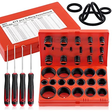 GLARKS G-1951 423Pcs 32 Sizes Metric O-Ring Assortment Kit Including 419Pcs Nitrile Rubber NBR O-Ring and 4Pcs Pick and Hooks for Plumbing Repair, Air or Gas Sealing Connections