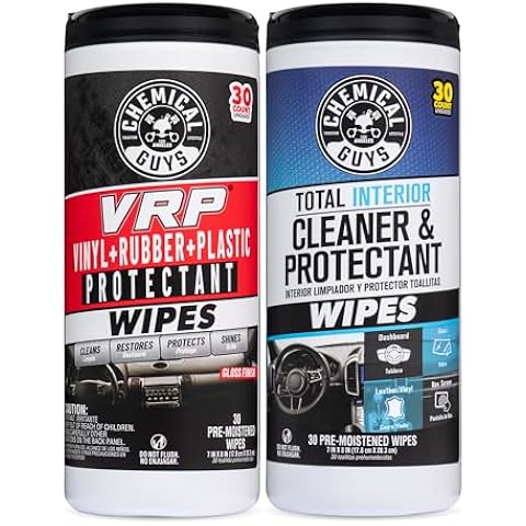 Chemical Guys VRP & Total Interior Cleaner & Protectant Wipes (60 Ct) - Use During Your Regular Car Wash & Detail on Leather, Rubber, Vinyl, Plastic & More in Your Cars, Trucks, SUVs, RVs