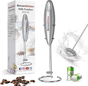 Bonsenkitchen Montalatte Elettrico, Schiumatore Con Testina del Frullino a Doppia/Singola Molla, Schiumalatte Elettrico in Acciaio INOX per il Latte/Caffè/Cappuccino, Batteria e Supporto Inclusi