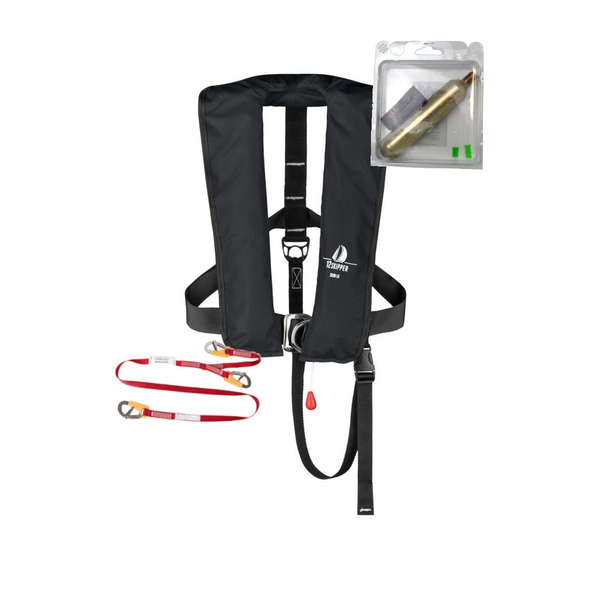 Set: 12skipper Automatik-Rettungsweste 300N ISO Harness schwarz mit Marinepool Lifeline und Wartungskit